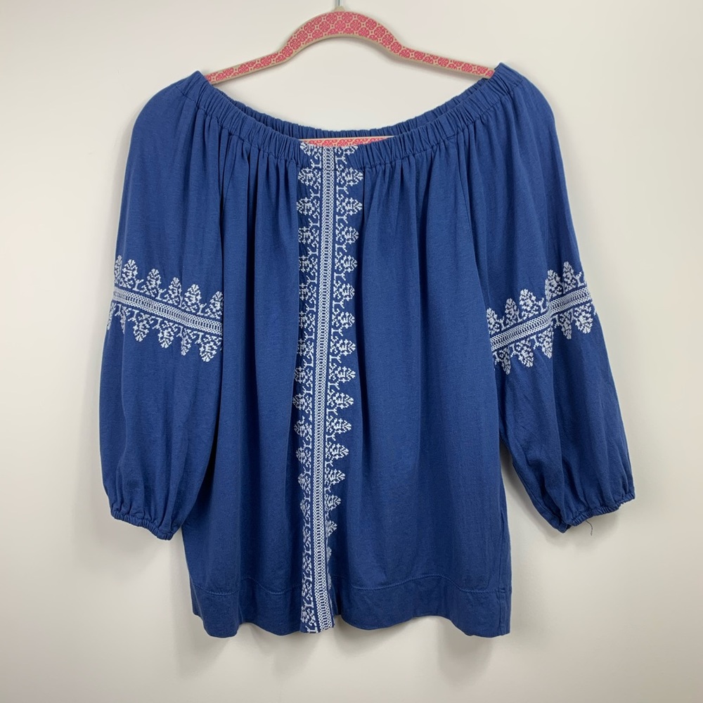 Chaps off the shoulder blue blouse